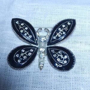 Vintage Enamel Black and Silver Butterfly Brooch Rhinestone 2"
